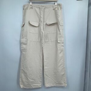 Et Clet Cream Straight Wide Leg High Waist Cotton Multi Pocket Cargo Pant Medium